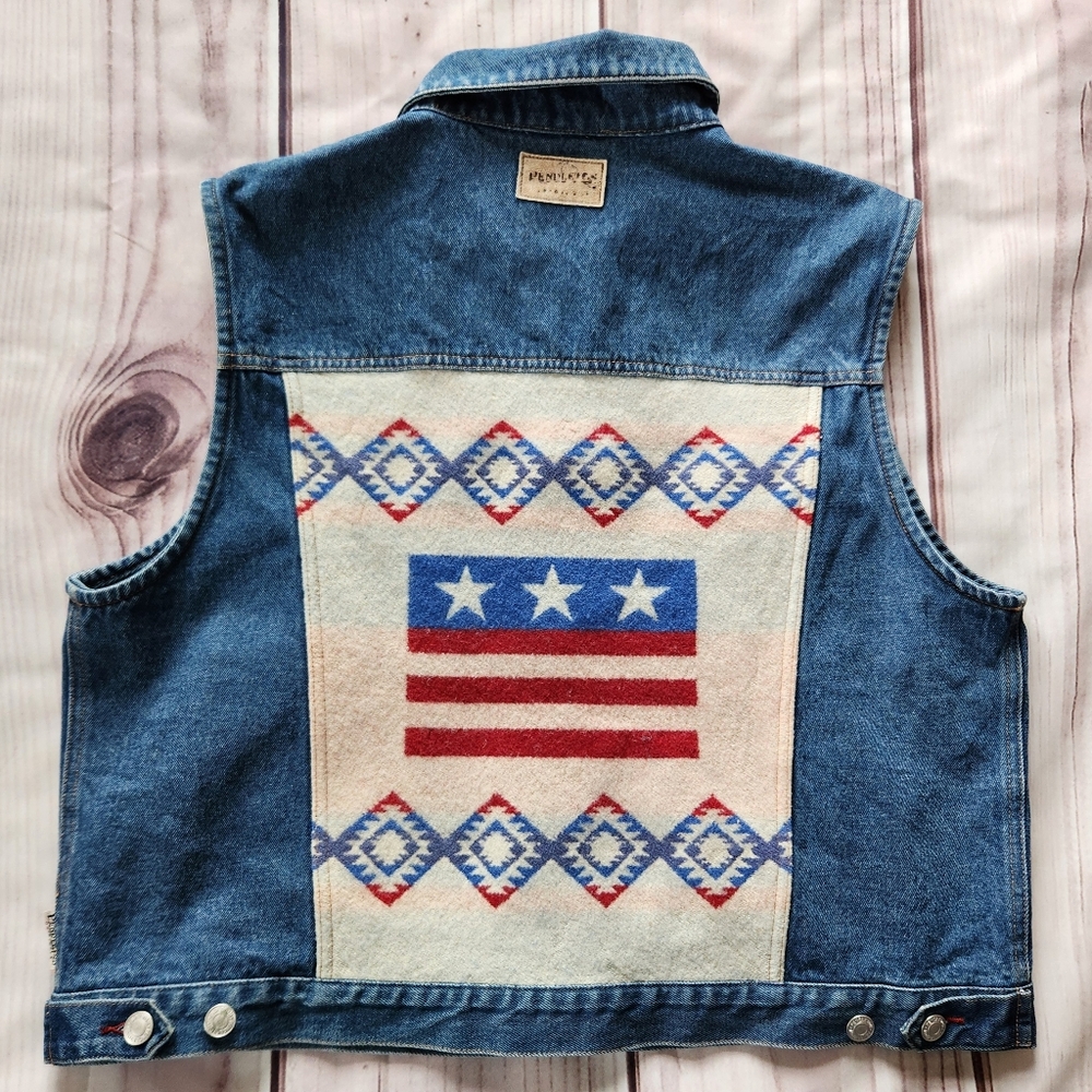 Pendleton Vintage Denim Vest Wool Blanket USA Flag Red White | Women's Size XL - Picture 1 of 12